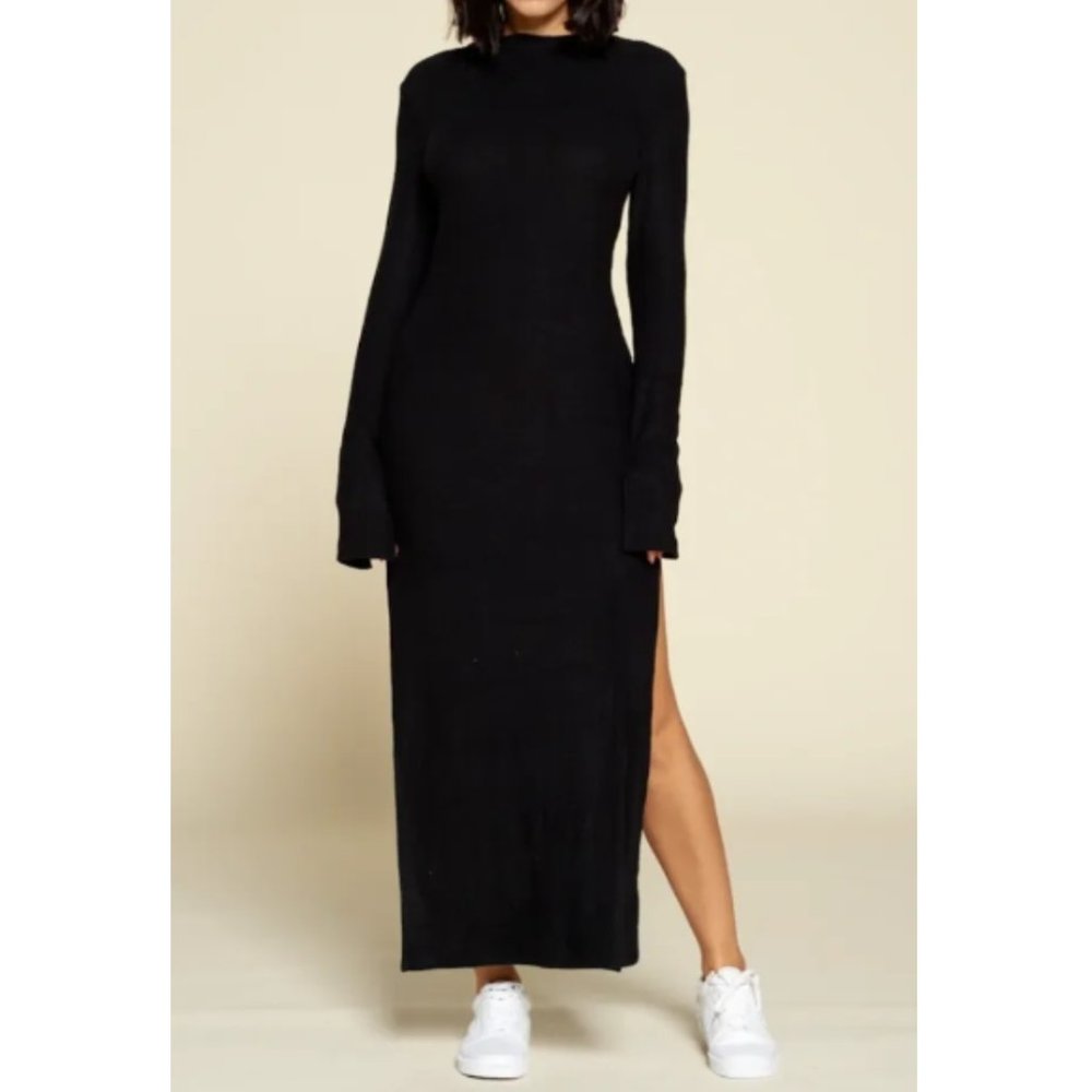 NWT Black High Neckline Long Sleeves Maxi Slit Side Monday Dress